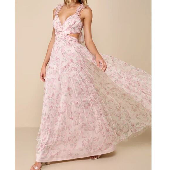 Lulus NWOT Ethereal Love Blush Floral Pleated Tiered Tie-Back Mesh Maxi Dress XS - Picture 3 of 10